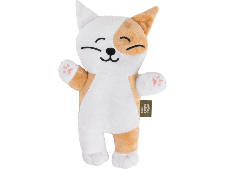 White and orange cat plush toy with a smiling face and paws with pink pads.