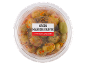 Green Halkidiki olives with hot peppers, garlic, and dill in a transparent container.