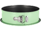 Light green springform pan with a black non-stick coating.