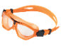Orange swimming goggles with clear lenses and an adjustable strap.