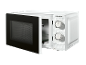 White microwave oven with an open door and rotary controls.