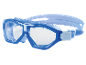 Blue swimming goggles with clear lenses and an adjustable strap.