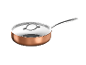 Copper pan with a metal handle and a glass lid.