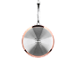Bottom of a copper-colored frying pan with a stainless steel base and handle
