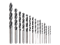 Set of wood drill bits, arranged by size, from large to small.