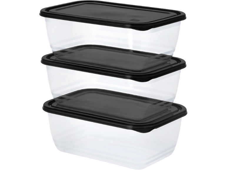 Three clear food containers with black lids, stacked.