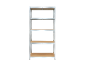 Metal shelving unit with five wooden shelves on a black background.