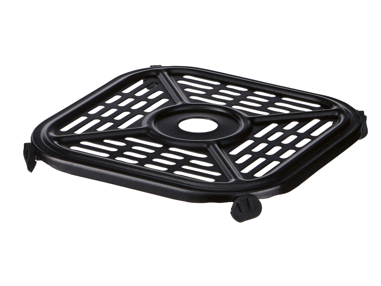 Black air fryer rack with ventilation slots and rubber feet.