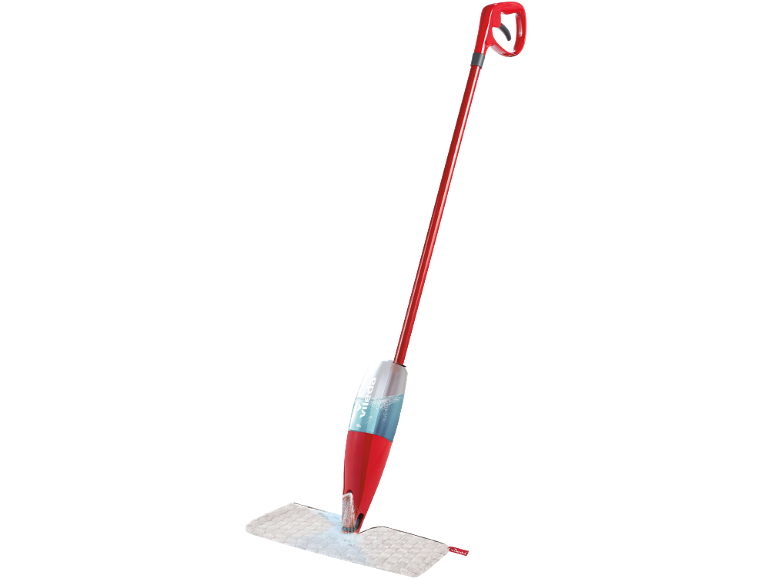 Red and white spray mop with a water tank, spraying water onto a cleaning pad.