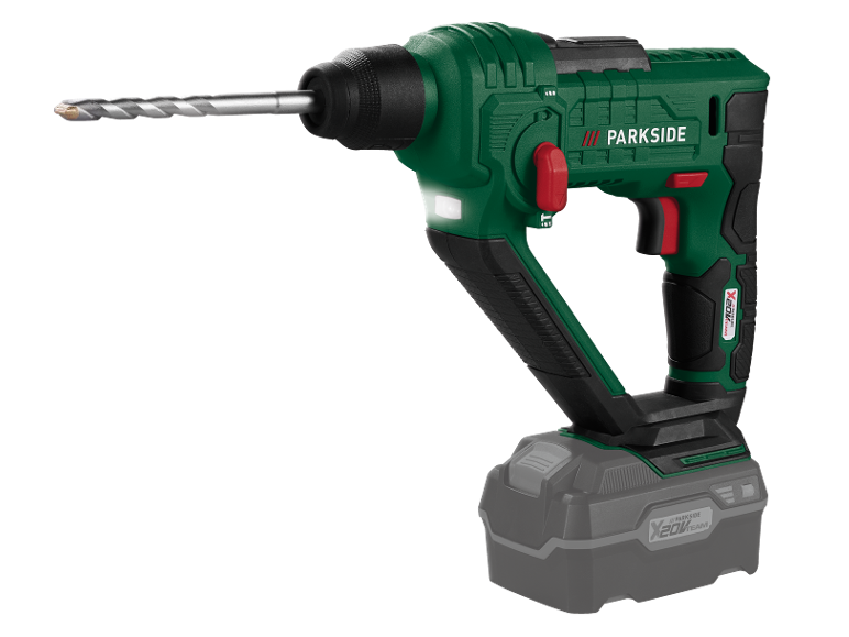 Cordless rotary hammer drill with battery and drill bit.