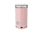 Pink electric coffee grinder with a transparent lid and a silver button