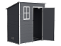 Dark grey garden shed with white trim, a window, and open double doors.