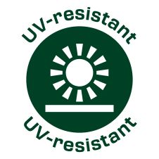 Dark green round logo with a white sun and the text 'UV-resistant' at the top and bottom.