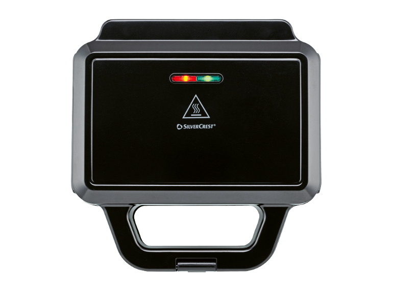 Black sandwich maker with heat and ready indicators, and hot surface symbol.