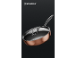 Copper-colored frying pan with a glass lid and a stainless steel handle