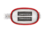Red two-slice toaster, viewed from above.