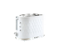 White toaster with hexagonal pattern, function buttons, and setting dial.