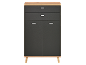 Grey chest of drawers with two drawers, two doors, and a light wooden top.