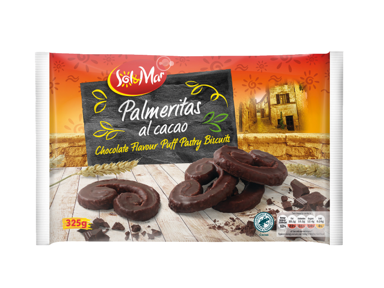 Chocolate flavour puff pastry biscuits in packaging with a rural scene.