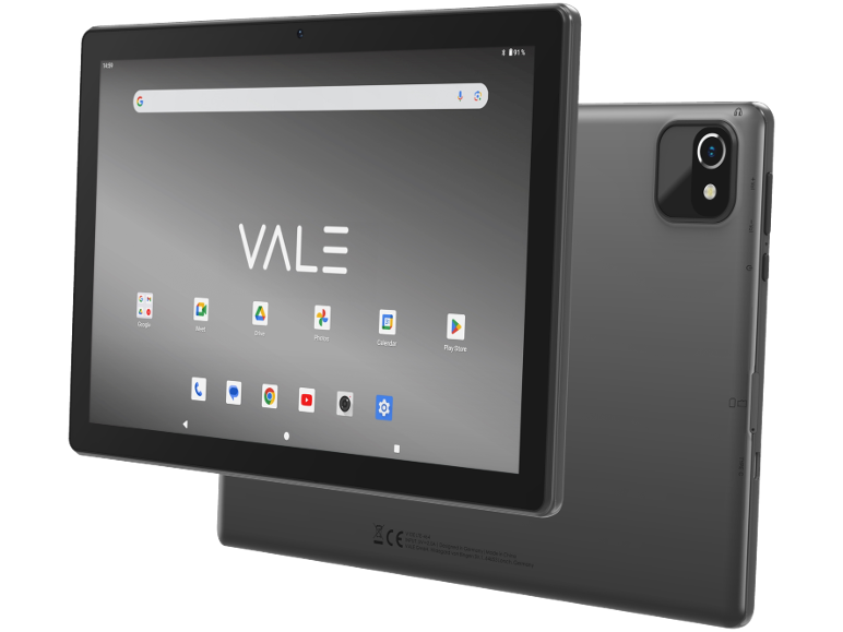 Dark gray tablet with screen on showing apps and the VALE logo.