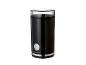 Black electric coffee grinder with a transparent lid and a silver button.