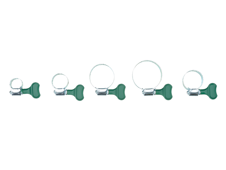 Five hose clamps of varying sizes, each with a green butterfly screw.