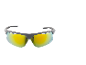Sports sunglasses with a grey frame and yellow mirrored lenses.