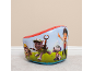 Inflatable children's armchair with cartoon characters on a grey carpet.