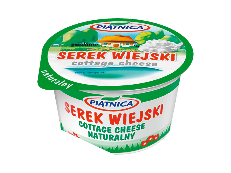 White cottage cheese cup with 'Serek Wiejski cottage cheese naturalny' text and a farmhouse image.