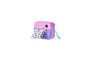 Pink and purple instant camera with a blue wrist strap, printing a black and white image.