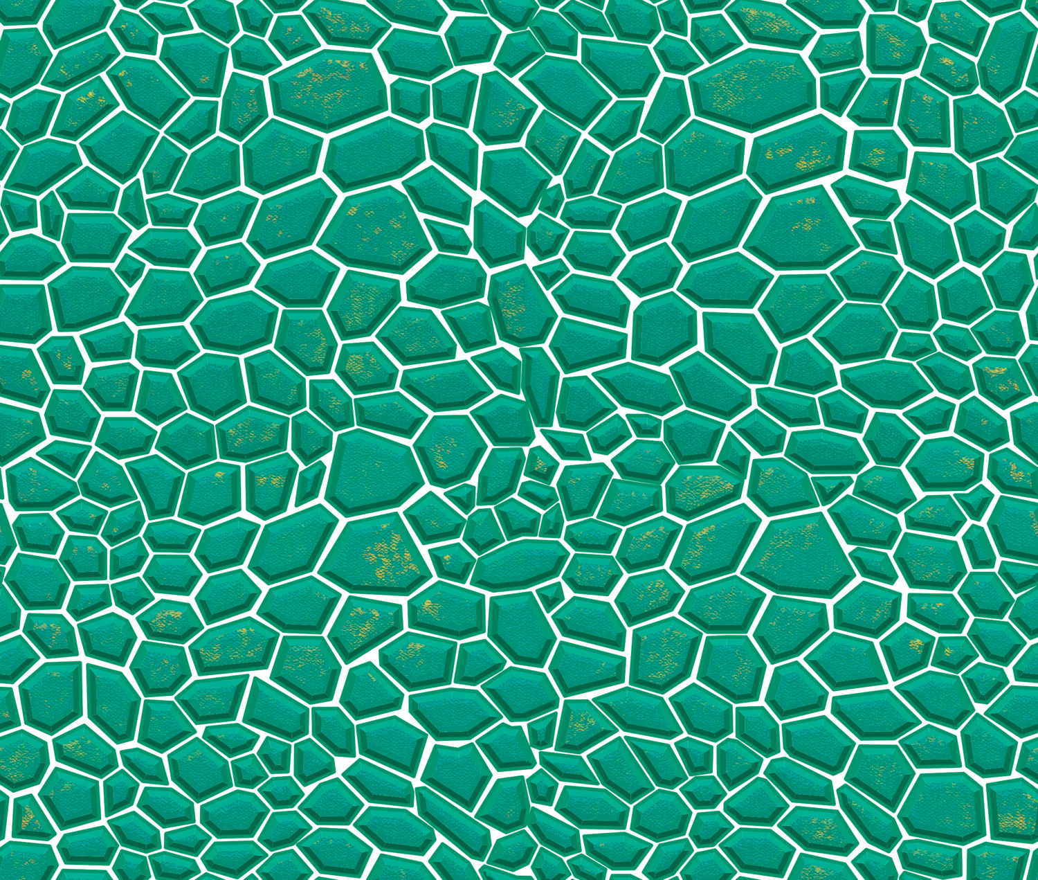 Abstract pattern of green polygons with golden highlights.