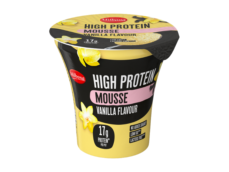 High protein vanilla mousse, 17g protein per pot, no added sugars, low fat and lactose free.