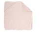 Pink and white striped baby blanket with a folded corner.