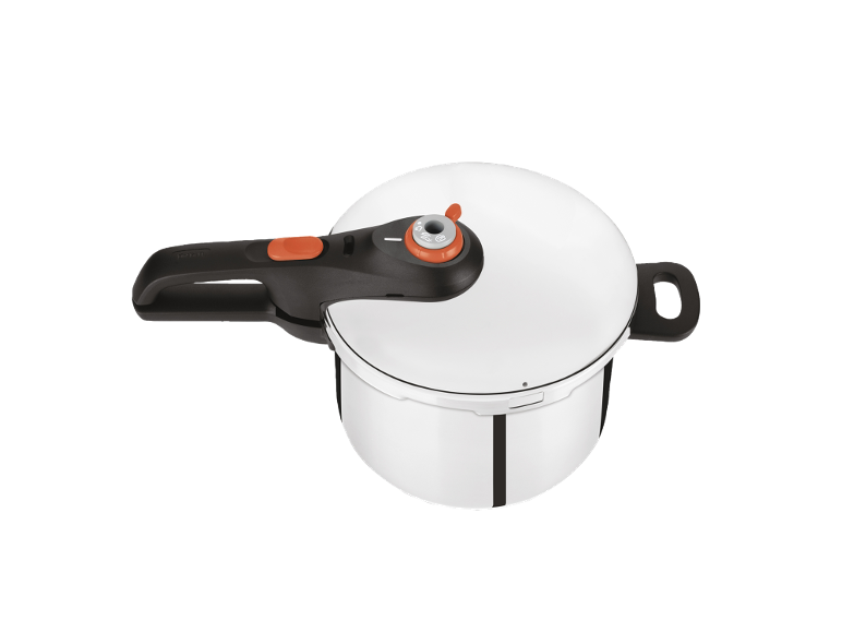 White pressure cooker with a black handle and orange details.