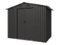 Anthracite metal garden shed with double doors and ventilation.