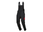 Black work dungarees with red stitching and details.
