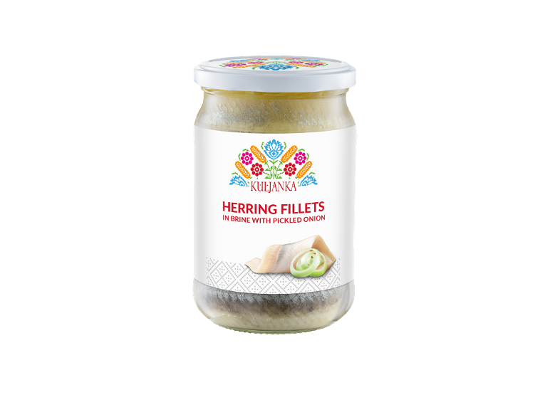 Jar of herring fillets in brine with pickled onion, featuring a colorful folk art label.