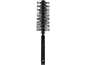 Black round hairbrush with plastic bristles and a textured handle.