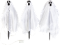 Three white ghosts on stakes for Halloween with black eyes and mouth.