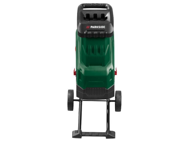 Green garden shredder with a logo and wheels