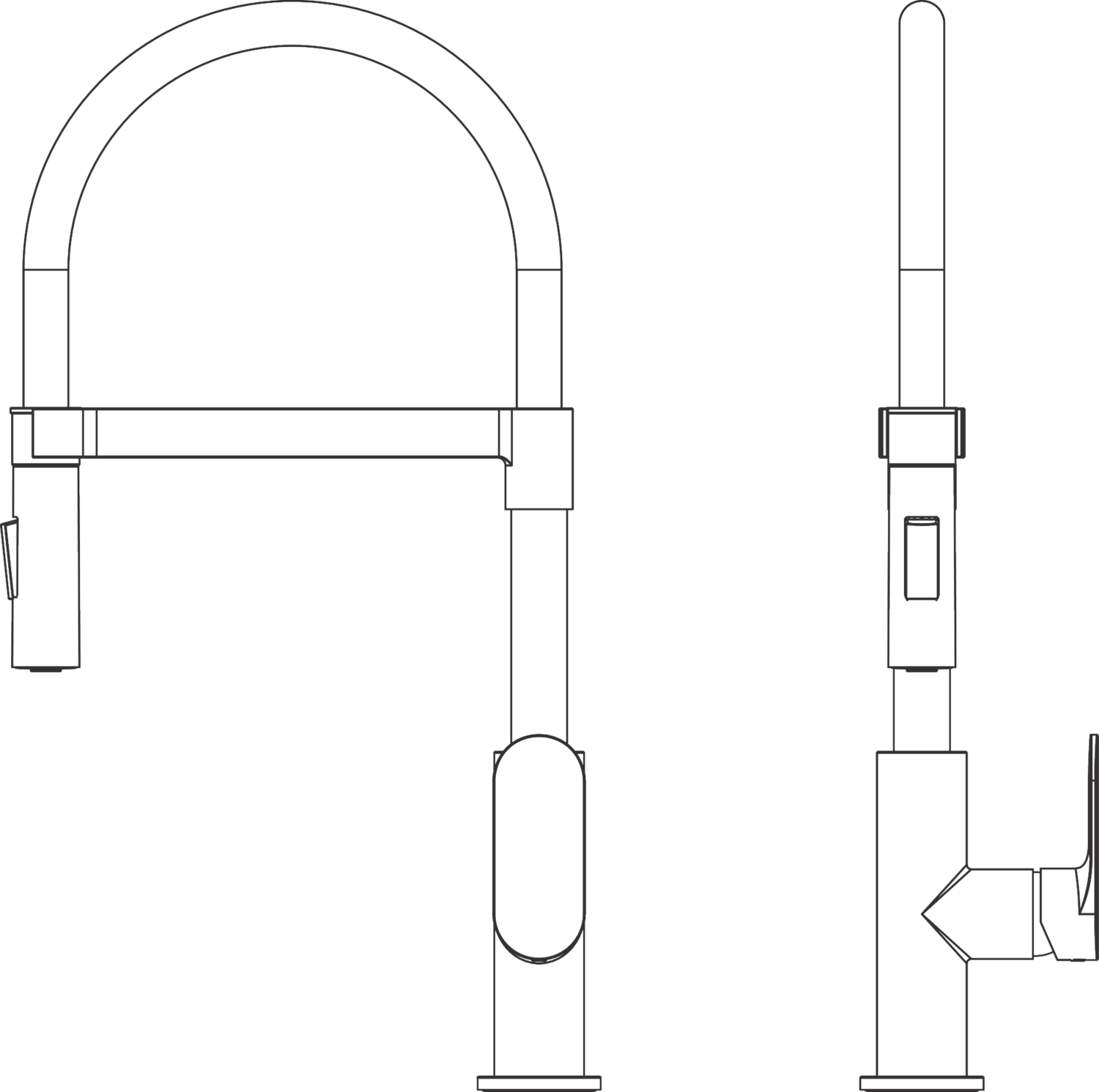 Technical drawing of a kitchen faucet with a pull-out spray.
