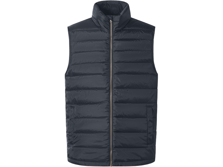 Dark blue padded vest with front zipper.