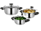 Three stainless steel pots with glass lids, one with potatoes and one with broccoli.