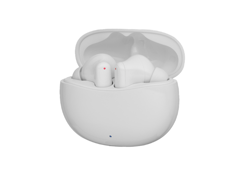 White wireless earbuds in an open charging case with red and blue indicator lights.