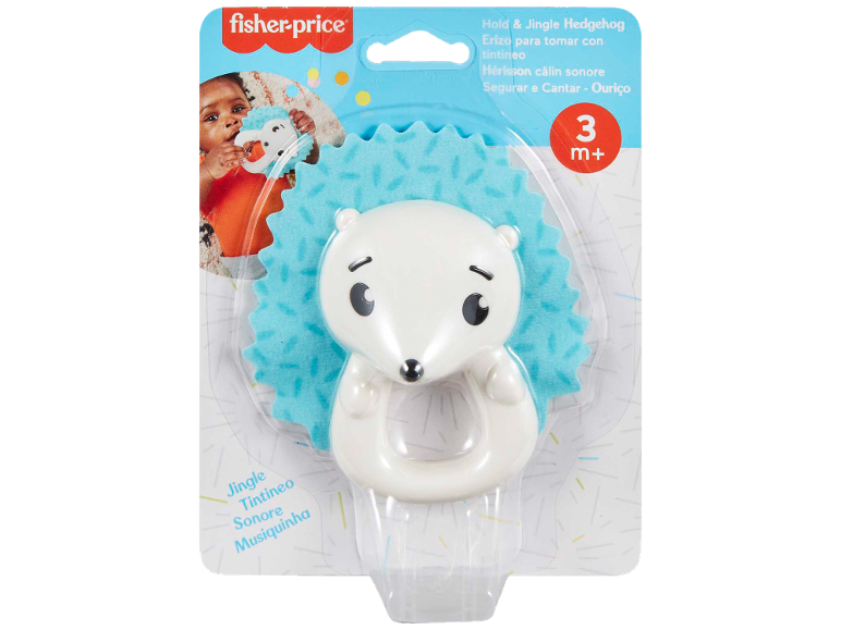 White hedgehog rattle with blue back, for babies 3 months and up.