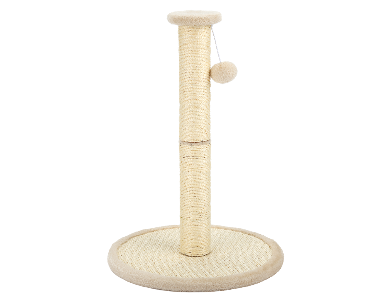 Beige cat tree with sisal scratching post and hanging play ball.