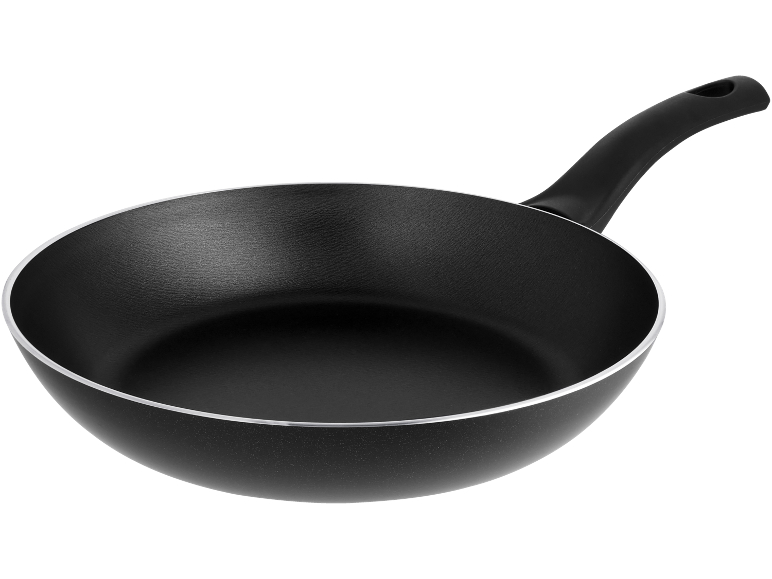 Black non-stick frying pan with a handle, viewed from above.