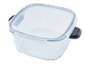 Clear square food storage container with a lid and black clasps.