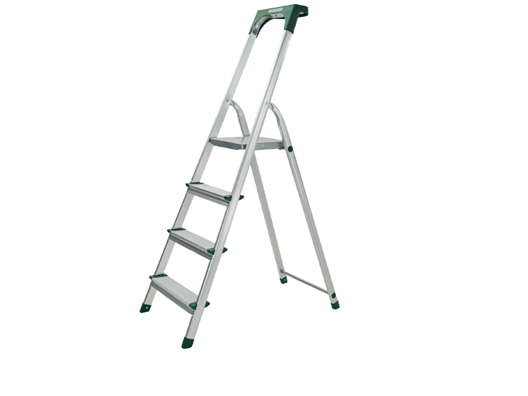 Silver stepladder with green accents and four steps