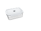 Rectangular transparent food storage container with a white lid and a vacuum valve.